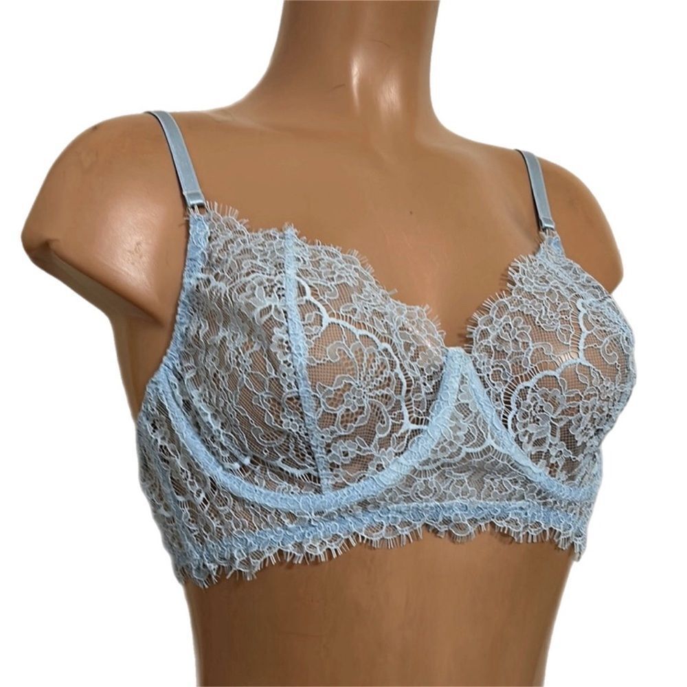 Pink Panther Blue Sheer Floral Lace Embroidered Unlined Bra Sz 38B NWOT